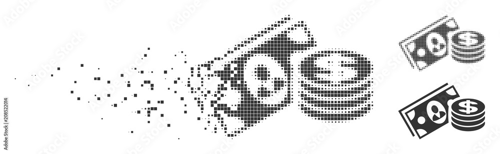 Poster gray vector money cash icon in dissolved, pixelated halftone and undamaged whole variants. rectangle