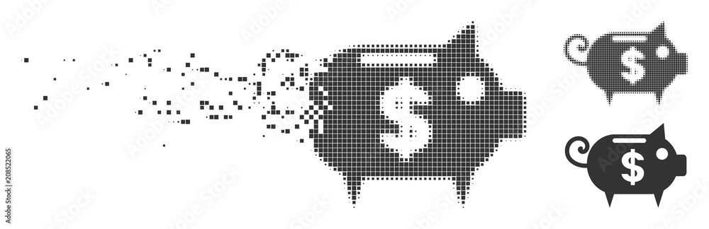 Poster grey vector piggy bank icon in dissolved, dotted halftone and undamaged entire versions. rectangular