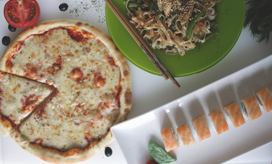 sushi rolls pizza noodles