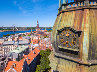 Aerial view of the bell tower of St. Peter's Cathedral in Riga, Latvia. © Aerial Film Studio