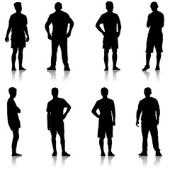 Set Black silhouette man standing, people on white background