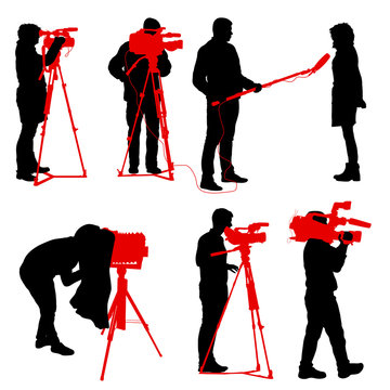 Set cameraman with video camera. Silhouettes on white background