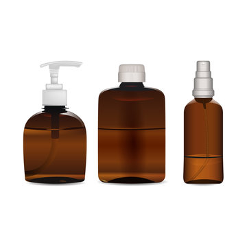 A set of three brown plastic and glass bottles designated for massage oils, body milk, liquid soap, shampoo, shower gel, lotion or similar liquids. Collection for body care. Realistic mockup template.