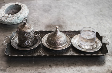 Freshly brewed coffee in the Middle East. Traditional coffee in Turkey.