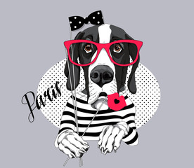Great Dane Dog in a striped T-shirt and with a red glasses, bow, lips photo booth props. Vector illustration.