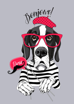 Great Dane Dog in a striped T-shirt and with a red glasses, beret, mustache photo booth props. Vector illustration.