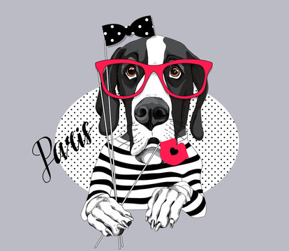 Great Dane Dog in a striped T-shirt and with a red glasses, bow, lips photo booth props. Vector illustration.