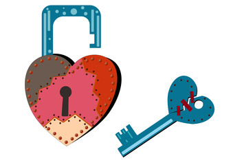 Key lock in heart shape. Unlocked heart lock with broken heart key.