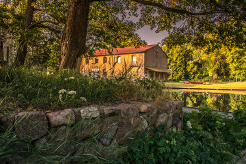 Haus am Finow-Kanal, umgeben von üppiger Natur. Im Vordergrund sieht man eine Steinmauer, die mit Gras und Wildblumen bewachsen ist