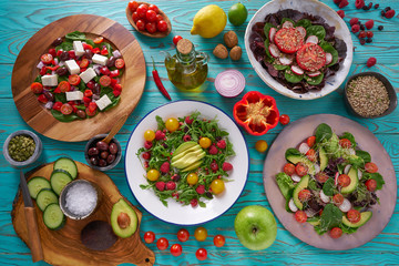 Fototapeta na wymiar salad assortment and healthy vegan ingredients