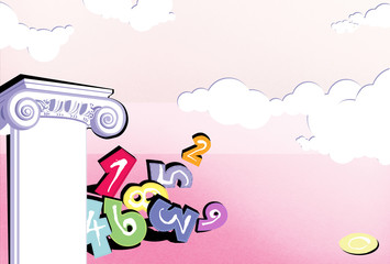 Numerology. Fortunetelling. Pink background with a bunch of numbers and a Corinthian column. A deserted pink landscape with clouds.