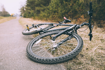 Fototapeta premium Mountain bicycle lies on the road near forest. Traveling by bike and healthy lifestyle concept.