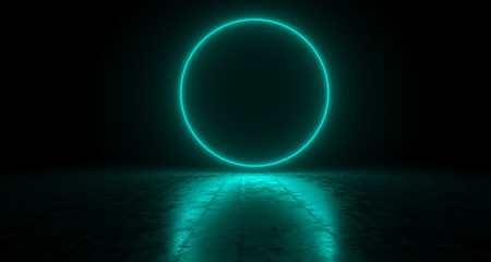 Blue Empty Circle Neon Light On Concrete Reflective Surface. 3D Rendering