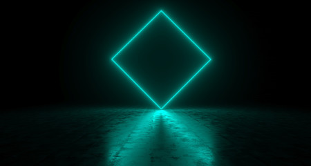 Blue Empty Rectangle Neon Light On Concrete Reflective Surface. 3D Rendering