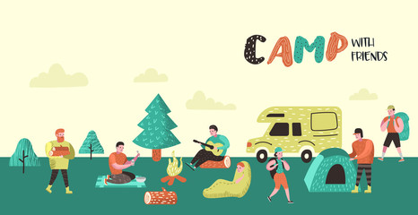 Summer Camping Poster, Banner. Cartoon Characters People in Camp Background. Travel Equipment, Campfire, Outdoor Activities. Vector illustration