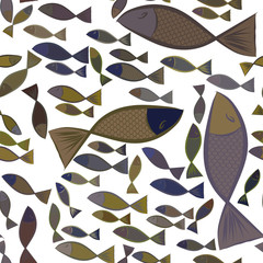Seamless abstract illustrations of fish, conceptual. Background, drawing, repeat & digital.
