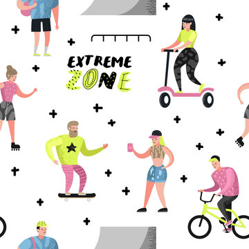 Extreme Sports Seamless Pattern with Cartoons