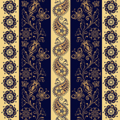 Set of Lace Bohemian Seamless Borders. Stripes with Blue Floral Motifs, Paisleys. Decorative ornament backdrop for fabric, textile, wrapping paper.