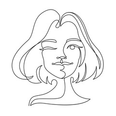 Happy Woman Winks One Line Art Portrait