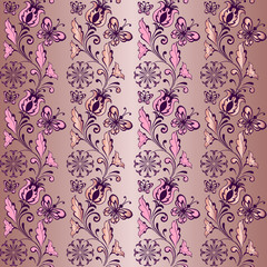 Striped floral seamless pattern with butterflies in pink. Decorative ornament backdrop for fabric, textile, wrapping paper. Floral wallpaper.