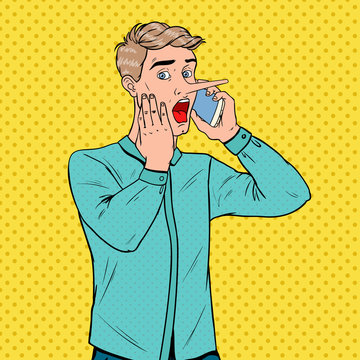 Pop Art Shocked Man with Long Nose Talking on Smartphone. Fake News Concept. Vector illustration