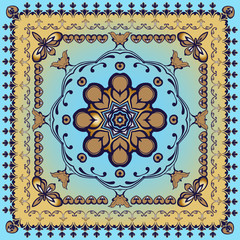 Geometric floral pattern with ornate lace frame. Beautiful vector pattern.Design can be used for Card, bandana print, kerchief design, napkin.