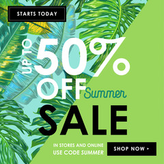 Summer Sale Ad Tropical Banner with Palm Leaves. Seasonal Discount, Promotion, Clearence Floral Background for Flyer, Brochure, Poster. Vector illustration