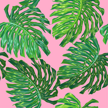 Floral Tropical Seamless Pattern. Palm Leaves Monstera Watercolor Background for Wallpaper, Fabric, Textile, Wrapping Paper. Tropic Botanical Design. Vector illustration