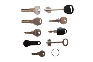 Different keys from the doors. Keys from the apartment. Keys from the lock. Close-up. Isolated on...
