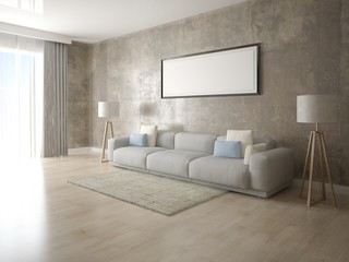Mock up a modern living room with a light sofa and a trendy hipster background.