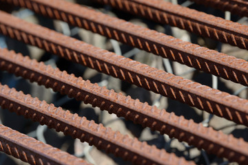 Reinforcing Steel Bar background, Rebar for concrete construction work. Metal armature. Reinforcing steel bars for building armature.