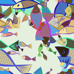 Seamless abstract illustrations of fish, conceptual. Sketch, surface, drawing & vector.