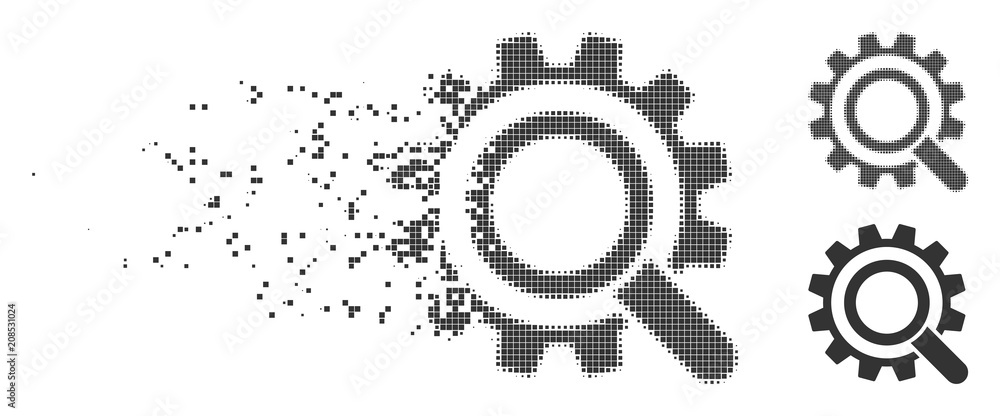 Aufkleber gray vector search options gear icon in dispersed, dotted halftone and undamaged whole variants. rec