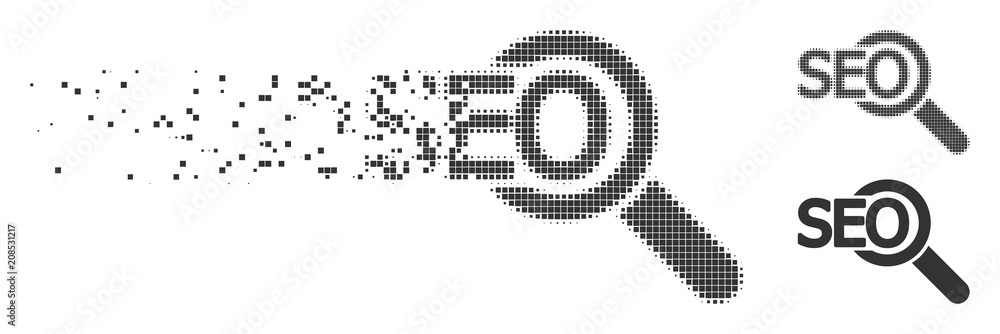 Poster gray vector seo tool icon in fractured, pixelated halftone and undamaged whole versions. square dots