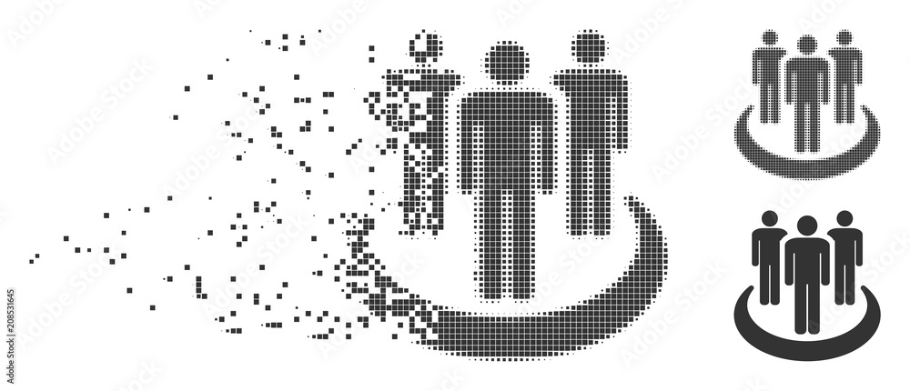 Poster dispersed affiliate dotted icon with disintegration effect. halftone dotted and intact solid grey ve