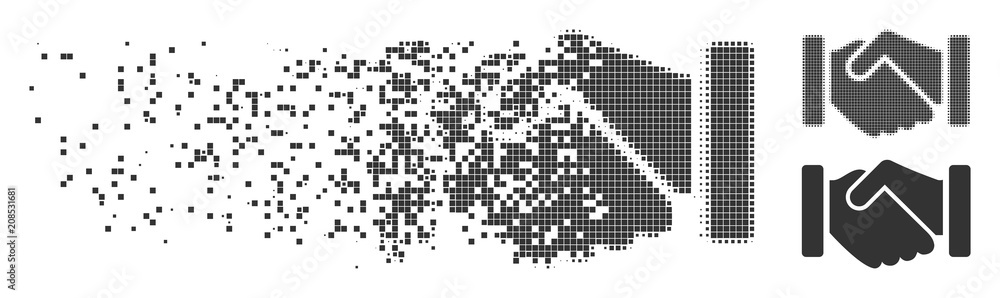 Poster fractured agreement handshake dotted icon with disintegration effect. halftone pixelated and undamag