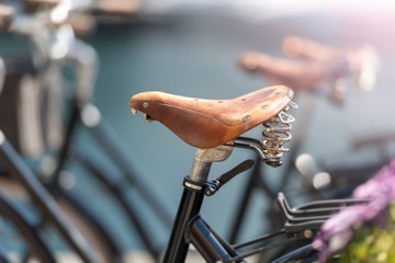 Bicycle saddle close up in street of Alesund