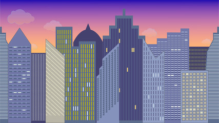 Horizontally seamless vector illustration of cityscape. Night. Colorful. Panoramic view.