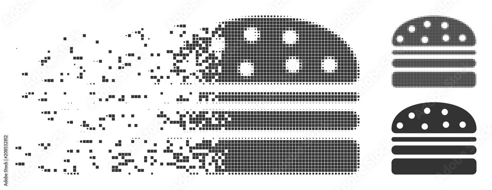 Poster dissolved hamburger pixel icon with disintegration effect. halftone dotted and undamaged whole gray 