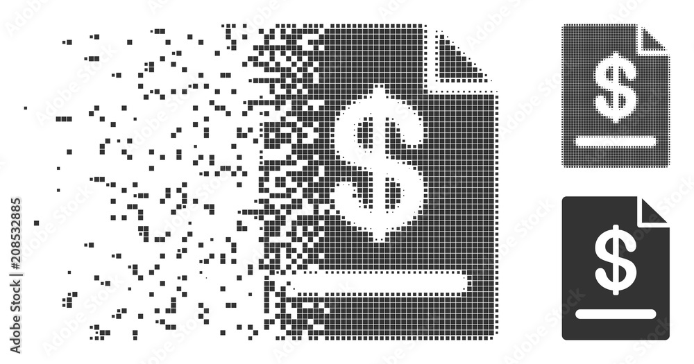 Poster dispersed invoice dotted icon with disintegration effect. halftone pixelated and intact whole gray v