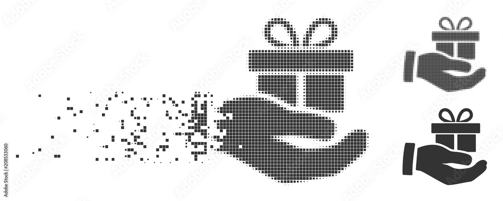 Poster dissolved present box give hand pixel icon with disintegration effect. halftone dotted and intact so