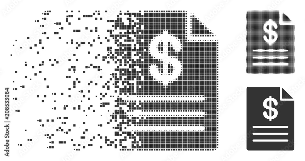 Poster dispersed price list pixel icon with disintegration effect. halftone pixelated and intact solid grey