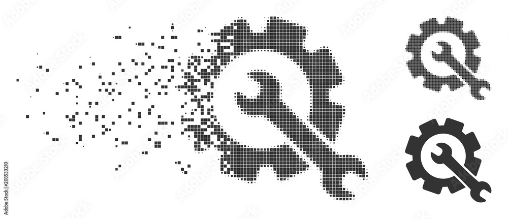 Poster fractured repair dotted icon with disintegration effect. halftone dotted and intact entire gray vers