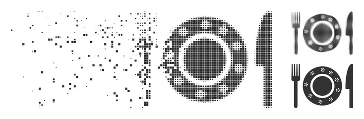 Dispersed restaurant tableware dotted icon with disintegration effect. Halftone dotted and intact solid gray variants. Dots have rectangular shape.