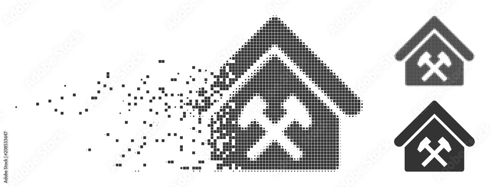 Poster fractured workshop dotted icon with disintegration effect. halftone dotted and intact whole grey ver