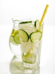 Healthy detox fizzy water with lemon and cucumber in Highball glass. Fresh Summer Drink. Healthy food concept. Detox diet