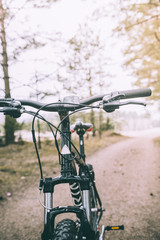 Obraz premium Mountain biking down hill descending fast on bicycle. View from bikers eyes. Close up bicycle handlebar.