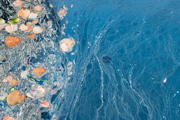 Old stagnant water in the lake, mud floating on the water, environmental disaster, the texture of mud on the water