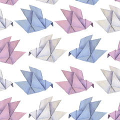 Watercolor hand drawn origami seamless pattern with colorful birds on transparent background