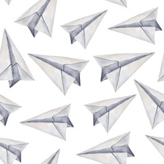 Watercolor hand drawn origami seamless pattern with airplanes on transparent background